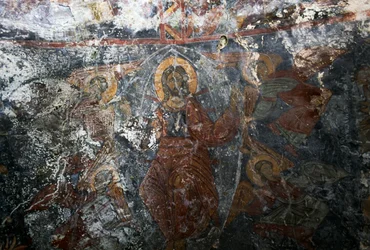 Christ with Angels and saint, fresco in church of Panagia, Kitiros, Crete, Greece