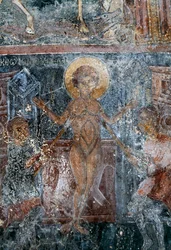 Martyrdom of Christ, fresco in Byzantine church of St George, Komitades, Crete, Greece