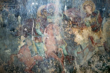 Saints on horseback, fresco in Byzantine church of Agios Athanasios, Kefali, Crete, Greece