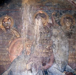 Saints on horseback, fresco in church in Kandanos, Crete, Greece (detail)