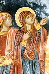 St Longinus and Mary, Crucifixion scene, fresco in Mikro Sotiris monastery, Symi island, Greece