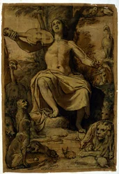 Orpheus enchanting animals with the music of a violin