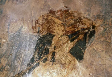 Man on horseback, fresco in Church of Agios Georgios, Komitades, Crete, Greece