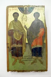 Saints, painting on wood in Arkadi monastery, Crete, Greece
