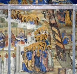 St. Peter opening the gates of Heaven, Last Judgment fresco in the Monastery of Timios Prodromos, Serres, Central Macedonia, Greece