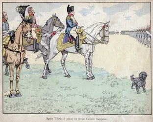 After Tilsit - Napoleon reviewing the French Army after signing the Treaties of Tilsit, 7 July 1807 - lithograph by Job (Jacques Onfroy de Breville) from Le Grand Napoleon des Petites Enfants 1893