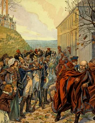 Coup d’état of Napoleon I Bonaparte (1769-1821): Flight from the Council of Five Hundred in the Hall of the Five Hundred on 19 Brumaire (November 10)