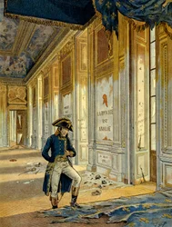 French Revolution of 1789: Napoleon I Bonaparte (1769-1821) in the Throne Hall at the Tuileries Palace after the passage of the revolutionaries who ransacked the place. The wall reads: “The kingdom is abolished.” Illustration by Jacques Marie Gaston Onfray