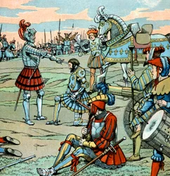 French king Francois 1st is dubbed knight by Bayard just after Marignan battle in September 14