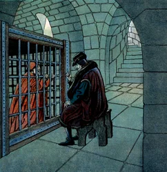 French king Louis XI visiting Cardinal Jean de la Balue prisoner in a cage at Loche jail