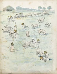 Gallic children playing with pigs in a field. in 