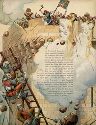 History of France in the Middle Ages: Jeanne Laisne (Jeanne Hachette) (died 1454) defending the city of Beauvais with other women throwing boiling oil from the top of the towers during the siege of the city in 1472 by King Charles the Bold