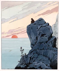 I come, like Themistocles, to sit at the home of the British people words of Napoleon I Bonaparte in a melancholic attitude in exile on a rock of St. Helene Island. Illustration of Job (Jacques Marie Gaston Onfray de Breville)