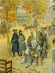 Jean Andoche Junot and Napoleon I Bonaparte walk along Boulevard de Coblenz in Paris in front of the Incredible. Illustration by Jacques Marie Gaston Onfray de Breville dit JOB