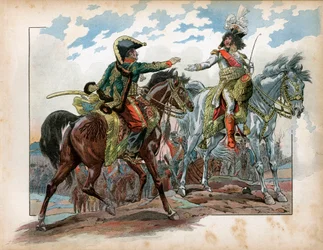 Joachim Murat (1767-1815) and General Antoine Charles Louis de La Salle (Lasalle) (1775-1809) during the Battle of Heilsberg in 1807. Engraving by Jacques Marie Gaston Onfray de Breville dit Job