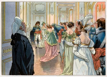 Joachim Murat then governor of Paris and his wife Caroline Bonaparte received the guests at a party in his hotel place Vendome, Paris. Invites are announced by a servant and then they reverence in front of their guests. Engraving by Jacques Marie Gaston On