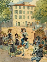 Napoleon I Bonaparte in Ajaccio was scolded by his housekeeper. This is the house where Bonaparte was born on 15 August 1769. Illustration by Jacques Marie Gaston Onfray de Breville dit JOB