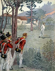 Napoleon I Bonaparte under the astonished gaze of the British army in captivity on the island of Saint Helena