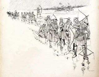 The rain puts the archers of the army of the French king Philip VI out of battle by wetting the ropes of the bows during the Battle of Crecy in 1346 at the beginning of the Hundred Years