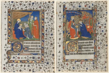 Bifolio from a Book of Hours: Adoration of the Magi and Coronation of the Virgin